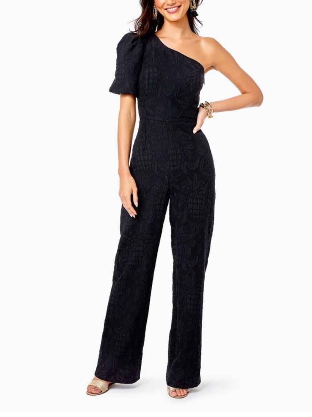 Lilly Pulitzer Black One-Shoulder Jumpsuit with Puff Sleeve